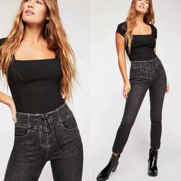 We The Free People Curvy Lovers Knot Black High Waist Lace Up Skinny Jeans - Picture 1 of 8